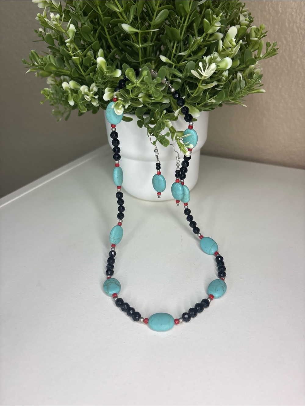 Handmade Vintage Turquoise Black Beaded Necklace & Earrings Set